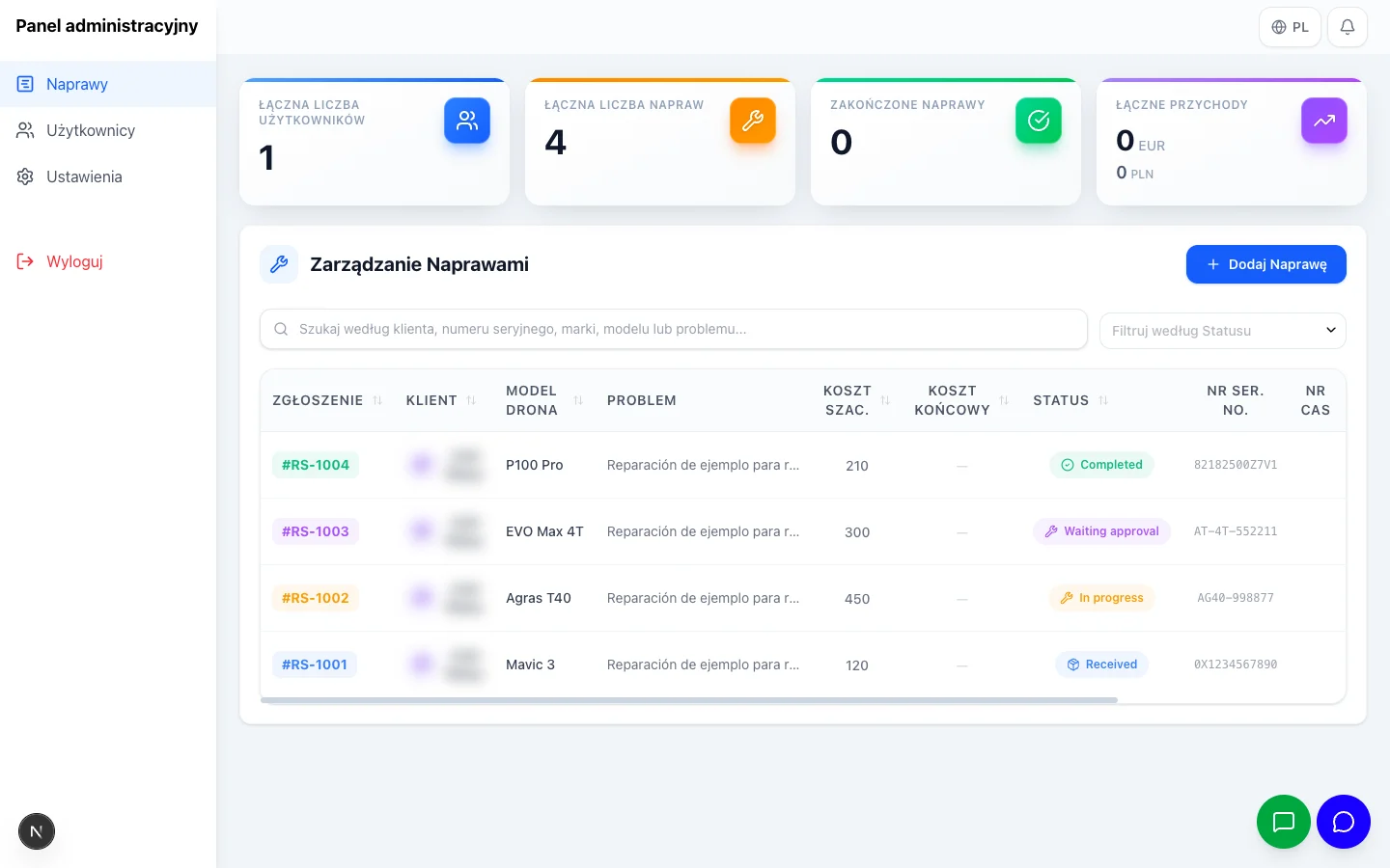 Panel administracyjny DronSerwis — zlecenia napraw